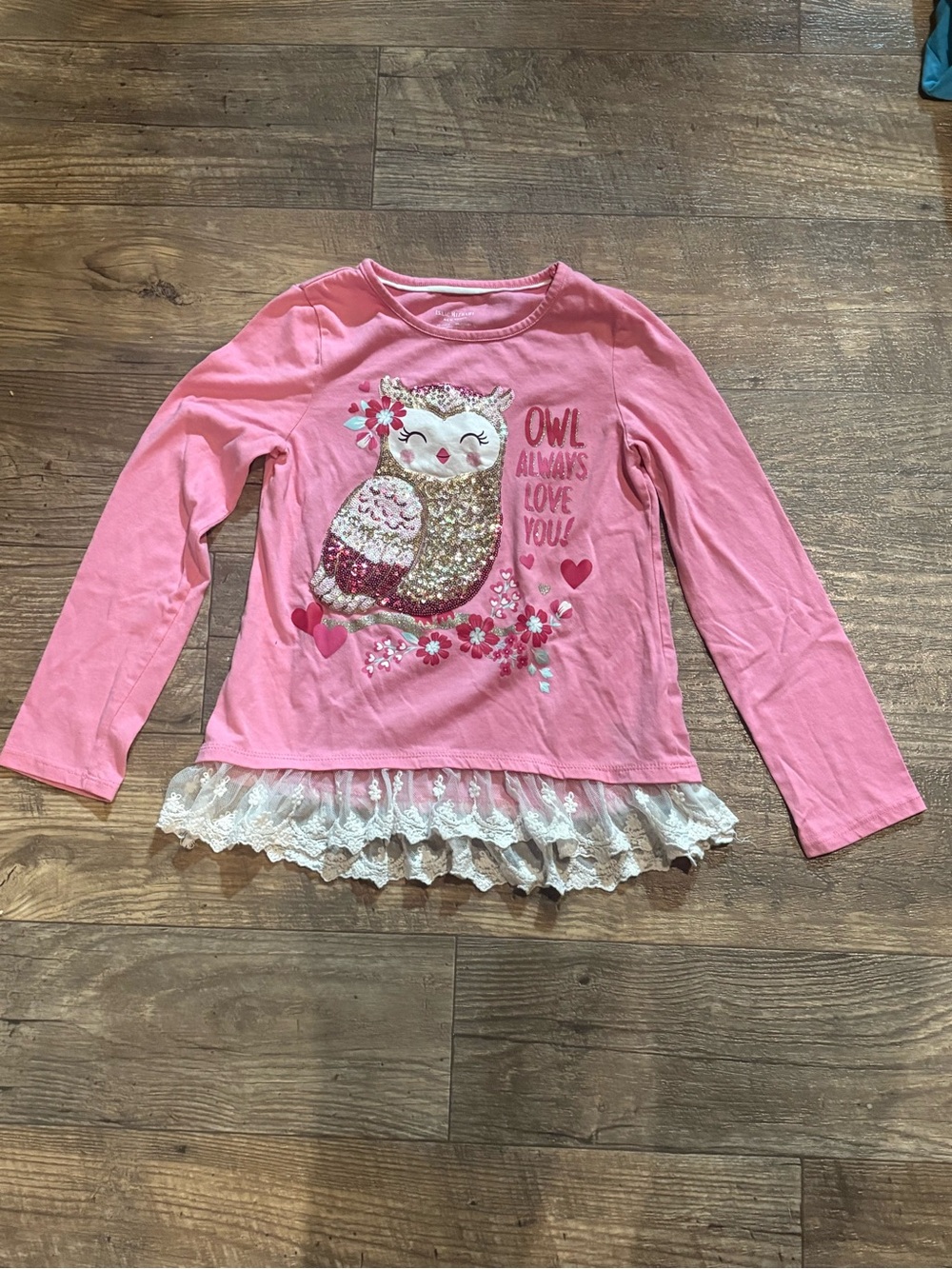 Isaac Mizrahi Pink Long-Sleeve Owl Sequin Top with Lace Trim